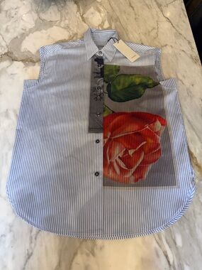 Sleeveless Blue Stripe Shirt Front Panel with Red Rose